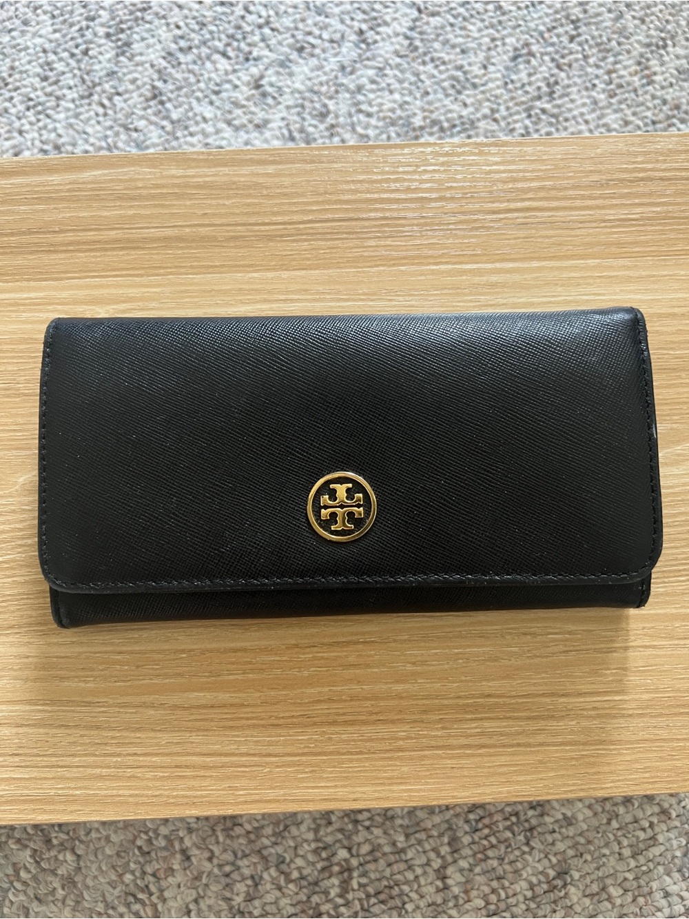 Tory Burch Black Leather Continental Wallet with Gold Emblem